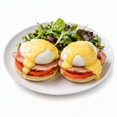 First Watch Breakfast Brunch Eggs-Clusives Eggs Benedict Ham and Tomatoes Dressed Greens