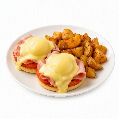First Watch Breakfast Brunch Eggs-Clusives Eggs Benedict Ham and Tomatoes Seasoned Potatoes