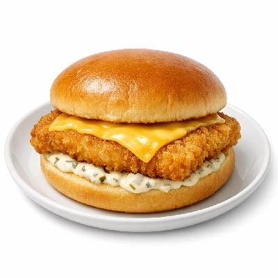 Fish sandwich with tartar sauce and cheese