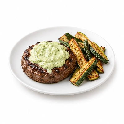Fit AF Lean Bunless Elk Burger with Avocado Ranch & Roasted Zucchini Skins