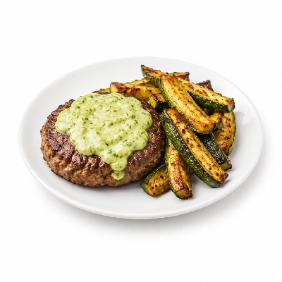 Fit AF Lean Grass-Fed Burger with Avocado Ranch & Roasted Zucchini Skins