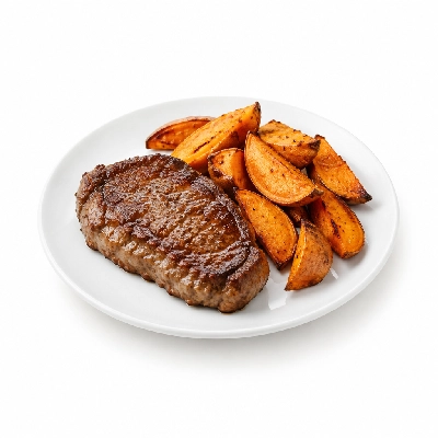Fit AF Lean Grass-Fed Steak Frites with Roasted Sweet Potato Wedges
