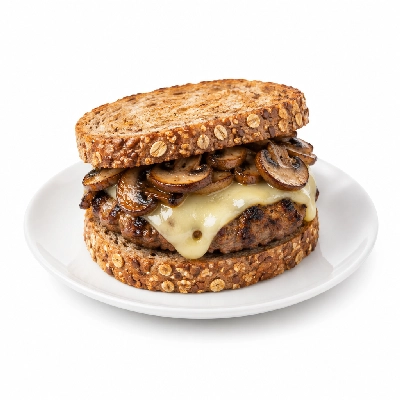 Fit AF Lean Grilled Mushroom Swiss Wild Boar Burger on Sprouted Grain