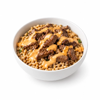 Fit AF Lean Korean Grass-Fed Beef & Farro Power Bowl with Sriracha-Avocado Crema