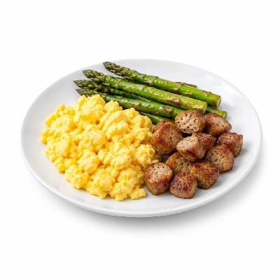 Fit AF Lean Organic Egg Scramble with Roasted Asparagus Spears & Apple Turkey Sausage