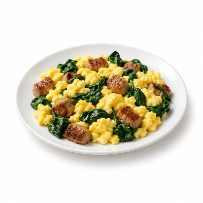 Fit AF Lean Scrambled Eggs with Maple Turkey Sausage & Sauteed Spinach