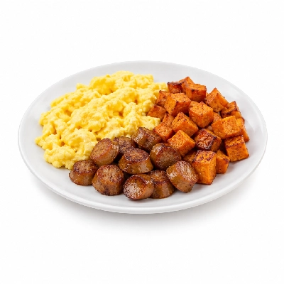 Fit AF Lean Scrambled Eggs with Maple Turkey Sausage & Sweet Potato Hash