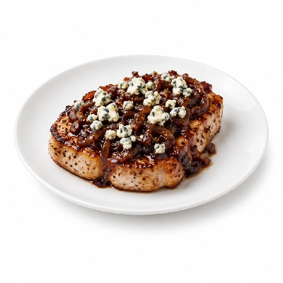 Fit AF Lean Seared Pork with Caramelized Onion Balsamic Glaze and Blue Cheese