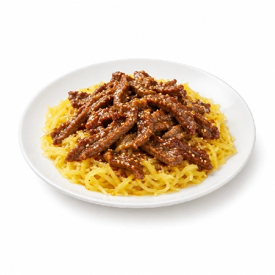 Fit AF Lean Sesame Ginger Grass-Fed Beef Over Spaghetti Squash Lo Mein