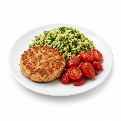 Fit AF Lean Wild Salmon Cake with Broccoli Rice & Roasted Tomatoes