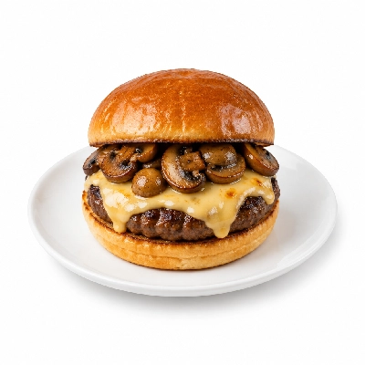 Fit AF Performance BBQ Smoked Gouda Grass-Fed Burger with Garlic Button Mushrooms