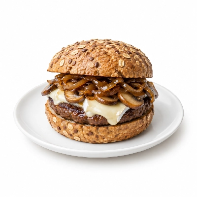 Fit AF Performance Brie Mushroom & Caramelized Onion Grass-Fed Burger on Sprouted Grain