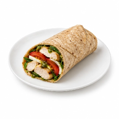 Fit AF Performance Caprese Chicken Wrap with Basil Pesto Aioli on Sprouted Grain