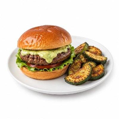 Fit AF Performance Grass-Fed Burger with Avocado Ranch & Roasted Zucchini Skins