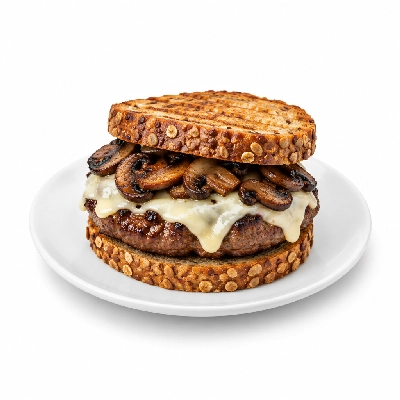 Fit AF Performance Grilled Mushroom Swiss Wild Boar Burger on Sprouted Grain