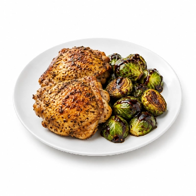 Fit AF Performance Herb Roasted Free-Range Chicken Thighs with Charred Balsamic Brussels Sprouts