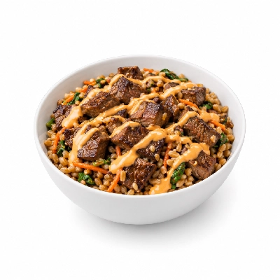 Fit AF Performance Korean Grass-Fed Beef & Farro Power Bowl with Sriracha-Avocado Crema