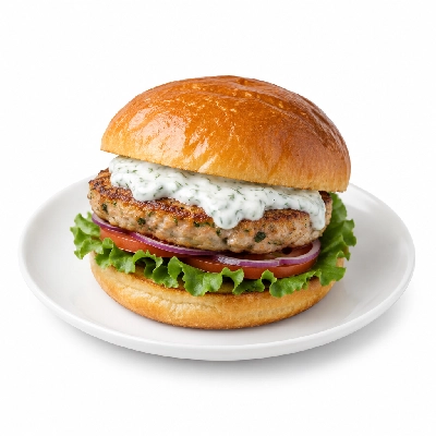 Fit AF Performance Mediterranean Turkey Burger with Lemon Dill Yogurt Sauce