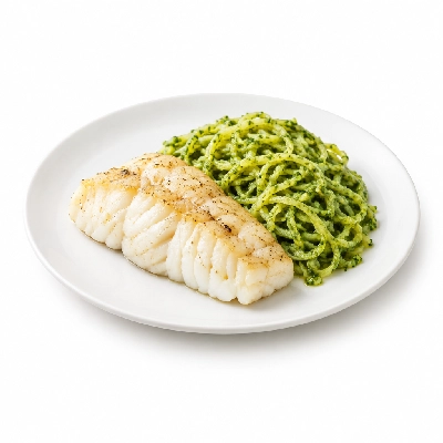Fit AF Performance Roasted Wild Cod with Basil Pesto and Spaghetti Squash