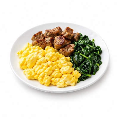 Fit AF Performance Scrambled Eggs with Maple Turkey Sausage & Sauteed Spinach
