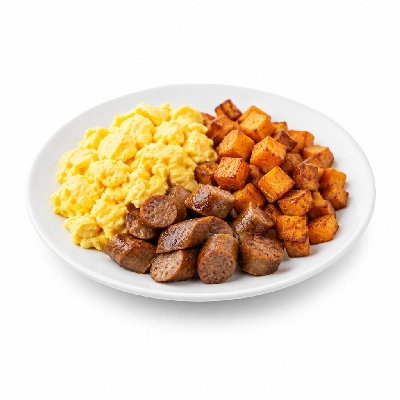 Fit AF Performance Scrambled Eggs with Maple Turkey Sausage & Sweet Potato Hash