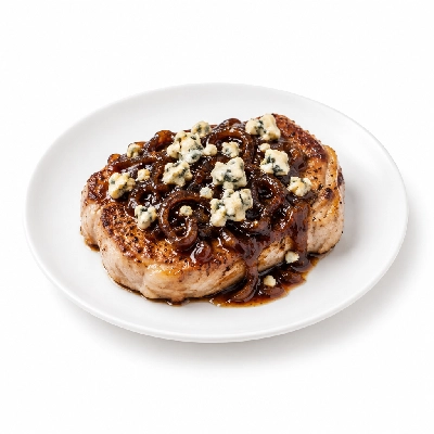 Fit AF Performance Seared Pork with Caramelized Onion Balsamic Glaze and Blue Cheese