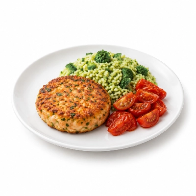 Fit AF Performance Wild Salmon Cake with Broccoli Rice & Roasted Tomatoes