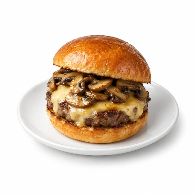 Fit AF Signature BBQ Smoked Gouda Grass-Fed Burger with Garlic Button Mushrooms