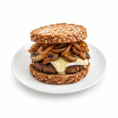 Fit AF Signature Brie Mushroom & Caramelized Onion Grass-Fed Burger on Sprouted Grain