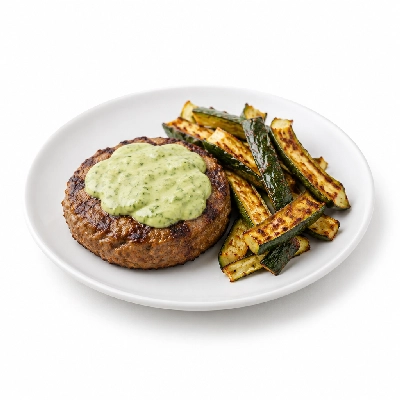 Fit AF Signature Bunless Elk Burger with Avocado Ranch & Roasted Zucchini Skins