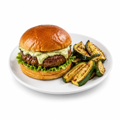 Fit AF Signature Grass-Fed Burger with Avocado Ranch & Roasted Zucchini Skins
