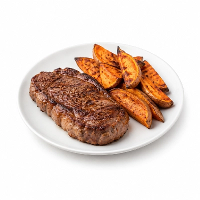 Fit AF Signature Grass-Fed Steak Frites with Roasted Sweet Potato Wedges