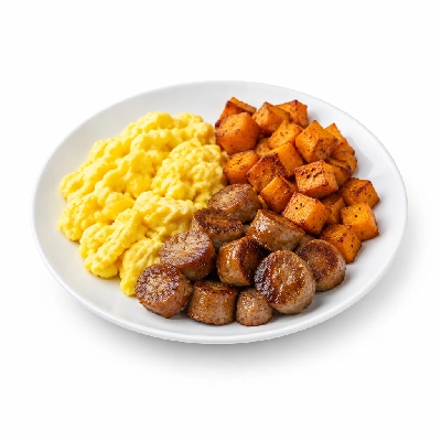 Fit AF Signature Scrambled Eggs with Maple Turkey Sausage & Sweet Potato Hash