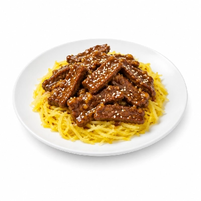 Fit AF Signature Sesame Ginger Grass-Fed Beef Over Spaghetti Squash Lo Mein