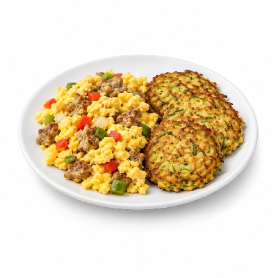 Fit AF Signature Western Breakfast Scramble with Zucchini Fritters