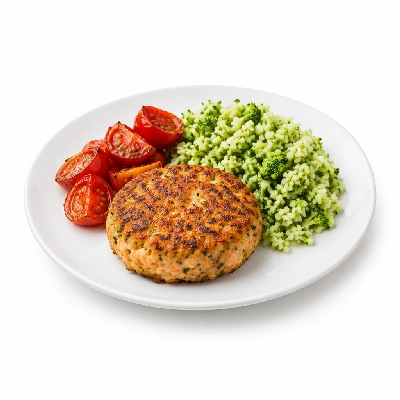 Fit AF Signature Wild Salmon Cake with Broccoli Rice & Roasted Tomatoes