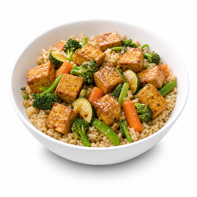Flame Broiler Tofu Bowl with Veggies and Brown Rice