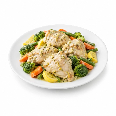 Food 4 Fitness Braised Chicken Lemon Garlic Yoghurt Seasonal Mix Veg 350g