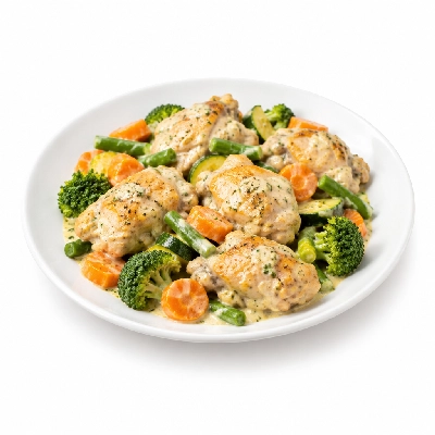 Food 4 Fitness Braised Chicken Lemon Garlic Yoghurt Seasonal Mix Veg 450g