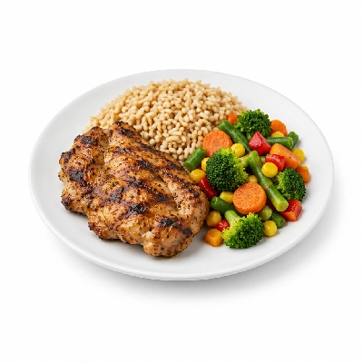 Food 4 Fitness Chargrilled Chicken Thigh Fillet with Salt and Pepper Brown Rice & Seasonal Mix Veg 350g