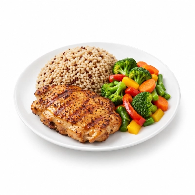 Food 4 Fitness Chargrilled Chicken Thigh Fillet with Salt and Pepper Brown Rice & Seasonal Mix Veg 450g