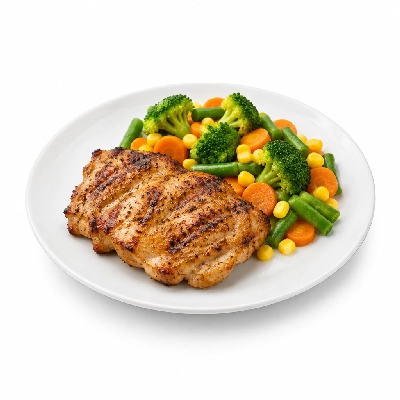 Food 4 Fitness Chargrilled Chicken Thigh Fillet with Salt and Pepper Seasonal Mix Veg 350g