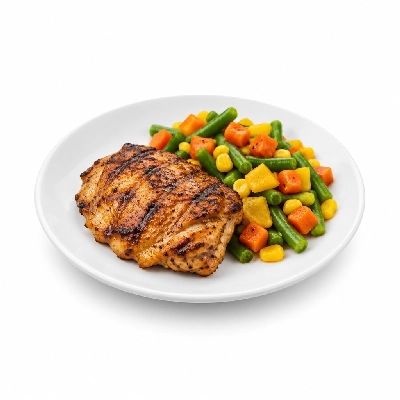 Food 4 Fitness Chargrilled Chicken Thigh Fillet with Salt and Pepper Seasonal Mix Veg 450g