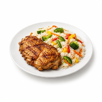 Food 4 Fitness Chargrilled Chicken Thigh Fillet with Salt and Pepper Stir Fry Basmati Rice 350g