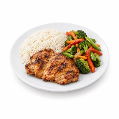 Food 4 Fitness Chargrilled Chicken Thigh Fillet with Salt and Pepper Stir Fry Basmati Rice 450g