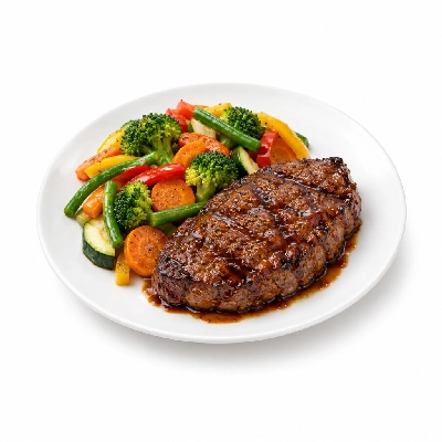 Food 4 Fitness Chargrilled Grass Fed Rump with BBQ Honey Soy Sauce Seasonal Mix Veg 250g