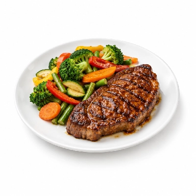 Food 4 Fitness Chargrilled Grass Fed Rump with BBQ Honey Soy Sauce Seasonal Mix Veg 350g