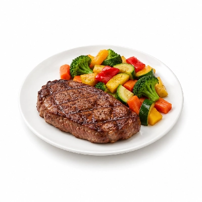 Food 4 Fitness Chargrilled Grass Fed Rump with BBQ Honey Soy Sauce Seasonal Mix Veg 450g