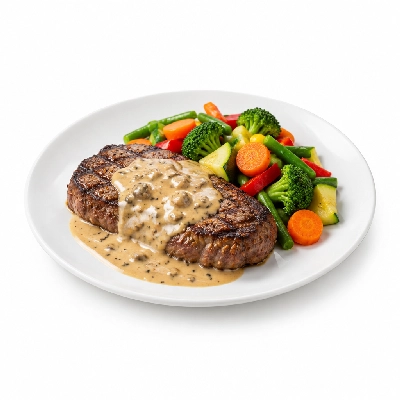 Food 4 Fitness Chargrilled Grass Fed Rump with Diane Sauce Seasonal Mix Veg 250g