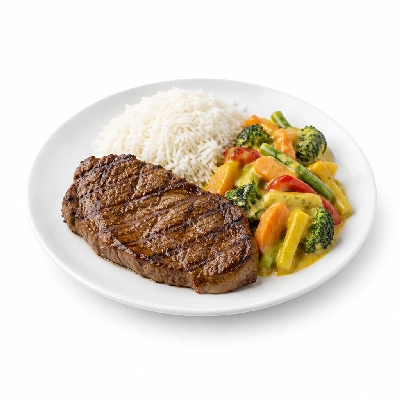 Food 4 Fitness Chargrilled Grass Fed Rump with Dijon Honey Mustard Sauce Basmati Rice & Seasonal Mix Veg 350g